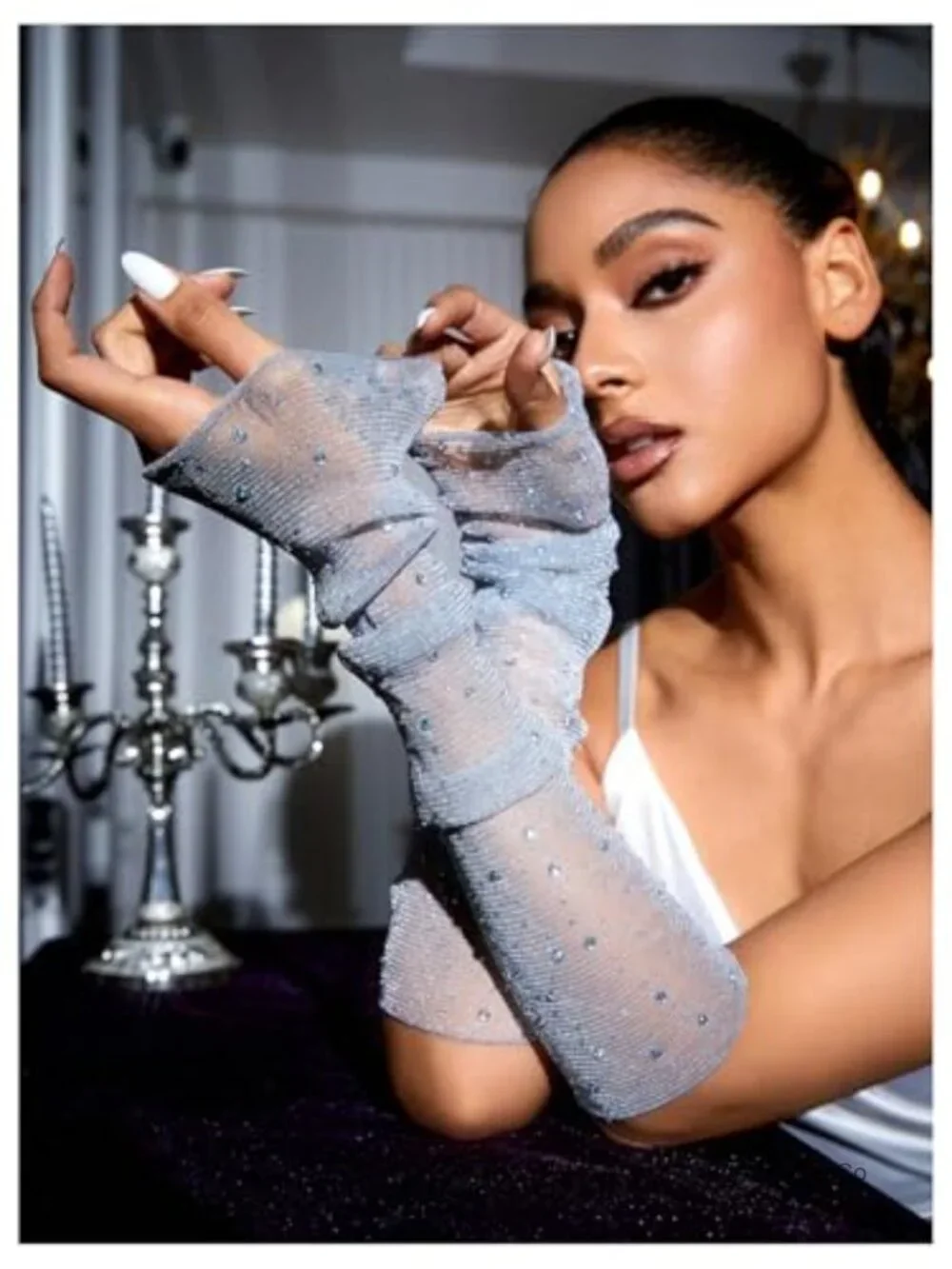 Rhinestone Sparkly Fingerless Gloves Wedding Arm Gloves Mesh Sheer